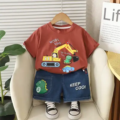 Kids New Arrival Excavator Dinosaur T-Shirt Brown Denim Shorts