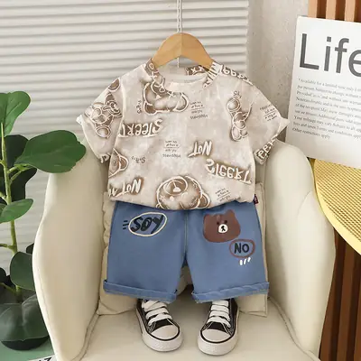 Kids Bear Print T-Shirt Shorts Set Summer Wear