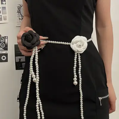 Black Pearl Flower Waist Belt for Women