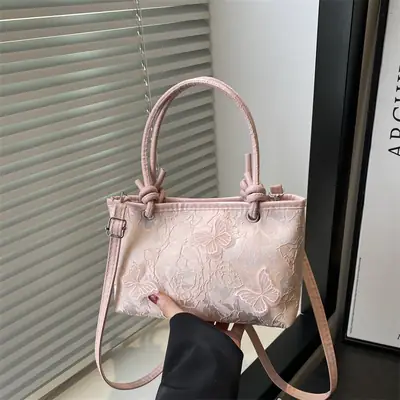 Pink Embroidered Textured Handbag for Women