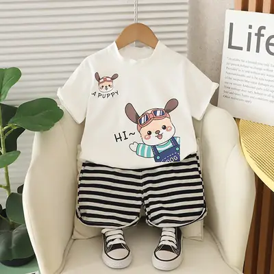 Kids Rabbit Print Summer T-Shirt Shorts Set Orange Striped