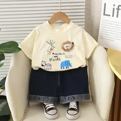 Kids T-Shirt Set Brown White Bear Print Summer Boys Korean Style