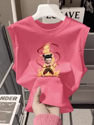 100% Cotton Nezha Cartoon T-Shirt Black Kids Girls