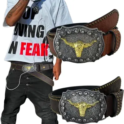 Men's Western Cowboy Belt with Cow Head Design