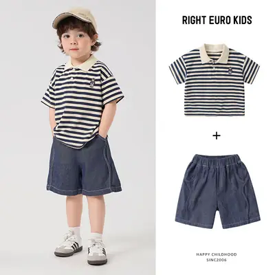 Baby Boys Polo Shirt Striped Cotton Denim Shorts