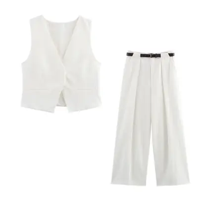 White Sleeveless Vest with Belted Pleated Pants