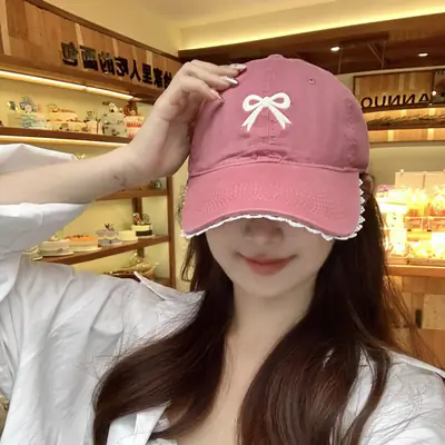 Pink Bow Baseball Cap for Women with Lace Trim
