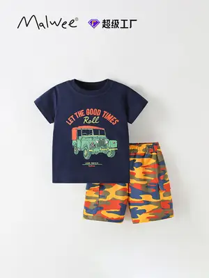 Malwee Boys Summer T-Shirt Pants Set Blue Orange