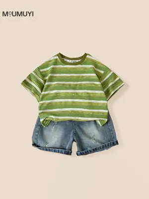 Boys Green Striped Short Sleeve Suit with Denim Shorts 2026