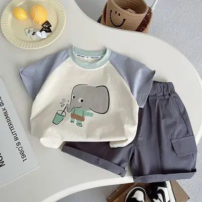 Kids Cartoon Print Short Sleeve Suit Grey White Shorts Set