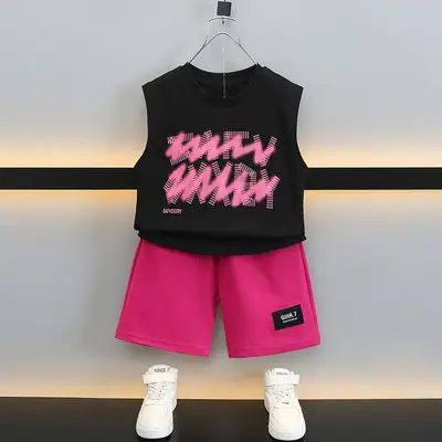 Boys Sleeveless Vest & Shorts Set Pink Black Kids