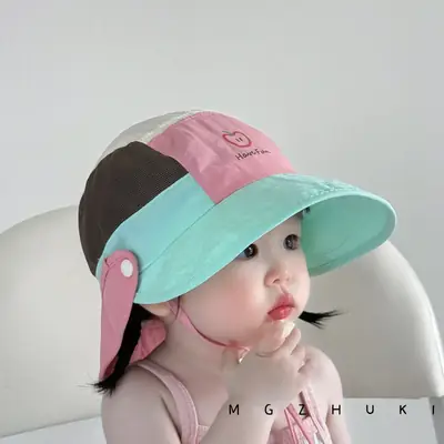 Baby Sun Hat with Green Tree Embroidery, Beige & Brown, Quick-Drying, Double Brim