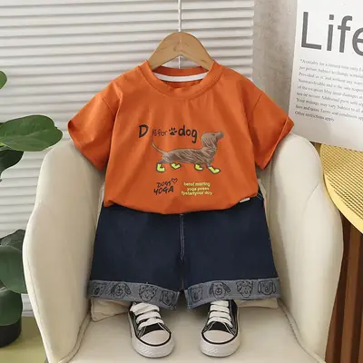 Kids Dog Print Orange T-Shirt Set for Boys