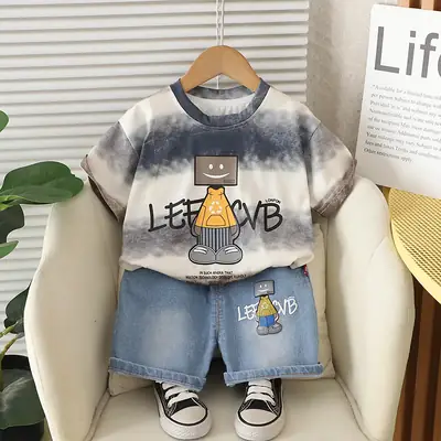 Kids Summer T-Shirt Set Smudged Design Denim Shorts