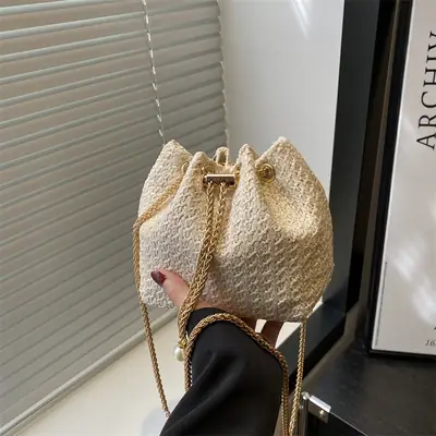 Women Drawstring Straw Chain Bag Gold 2025