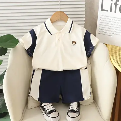 Kids Bear Head Printed T-Shirt Navy White Shorts Set