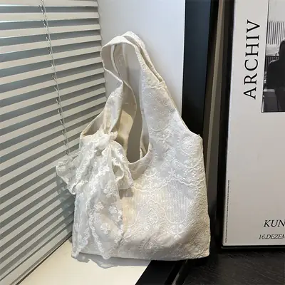White Lace Shoulder Bag for Women School Shopping Tote
