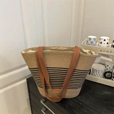 New Belt Woven Shoulder Bag Striped Contrast Hand Bag All-match Simple Tote Bag Holiday Style Shoulder Bag luggage and leather goods