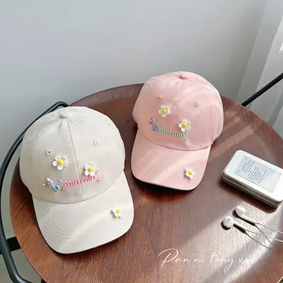 Girls Pink Duckbill Cap with Sunshade & Flower Embellishments