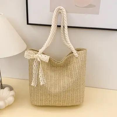 Women's Straw Handbag with Rope Handles Beige