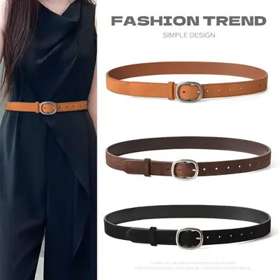 Vintage Brown Leather Belt with Pin Buckle for Women