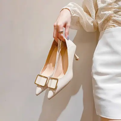 French Style Stiletto Heels Women Black Square Buckle