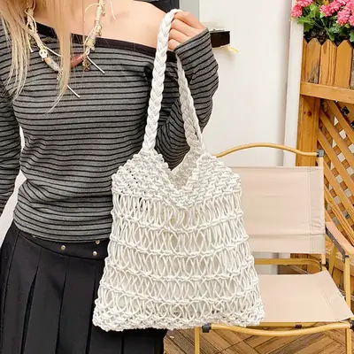 White Hand-Woven Large Shoulder Bag for Women