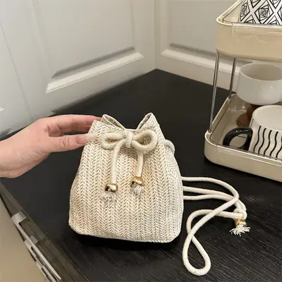 Women's Drawstring Bucket Bag Cream Woven 2025