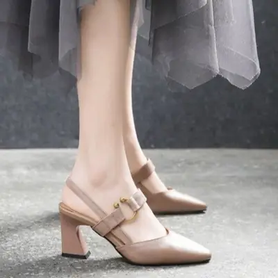 Women's White Square Toe Heel Sandals with Thick Strap
