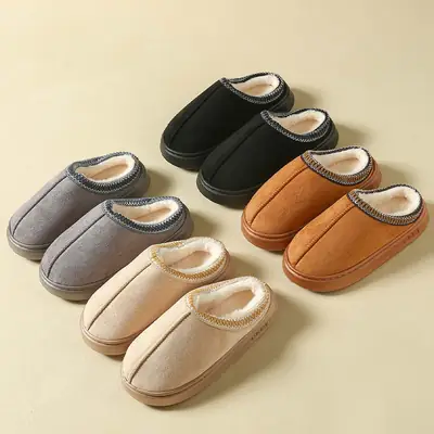 2026 New Cross-Border Model Solid Color Faux Suede Patchwork Home Slippers Thick-Soled Non-Slip Lightweight Warm Cotton Slippers for Women