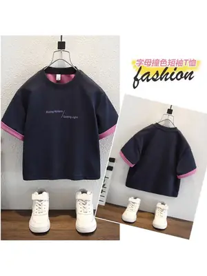 8176 Kids T-Shirt Navy Pink Sleeve Summer Wear