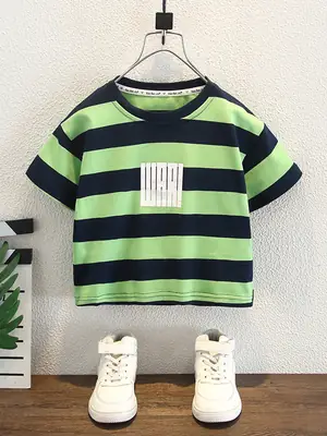 Boys Striped T-Shirt Shorts Set Green Blue 2026
