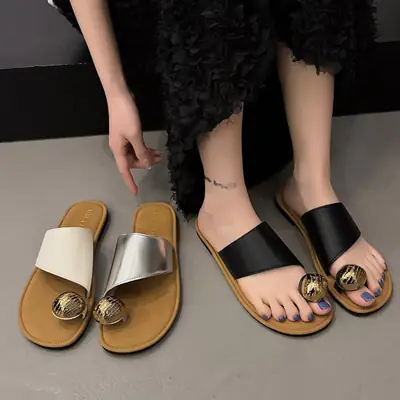 Women's White Leather Slip-On Sandals with Metal Buckles