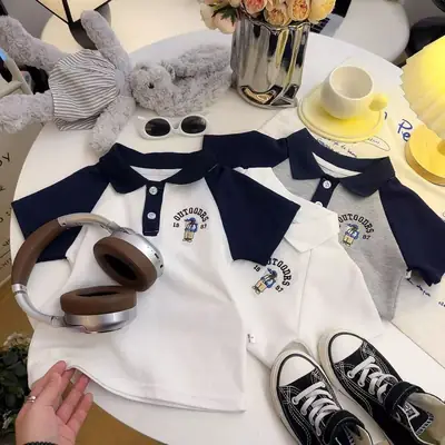 White Embroidered Boys Polo Shirt Short Sleeve Summer