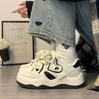 Women's White Heart-Themed Thick Sole Sneakers