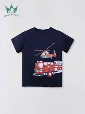 2025 Boys Cartoon Helicopter T-Shirt Pure Cotton Small Medium