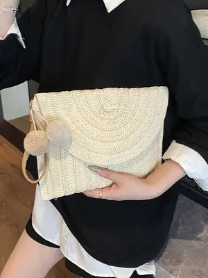 Women Straw Crossbody Bag with Pom Pom