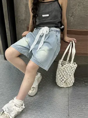 Cross-Border Girls Denim Shorts with Lace Belt