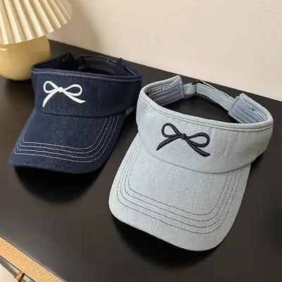 Women Denim Bowknot Visor Hat Wide Bristled Sunshade