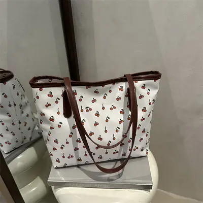 Women's Printed Cotton Tote Bag Brown Leather Handles