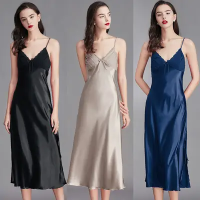 Cross-Border Long Nightgown Silk Suspender Pajamas for Women Summer 311Cq Sexy Bow Shining Slit Ice Home Clothes