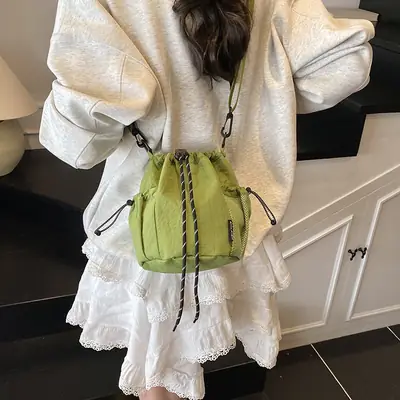 Green Drawstring Bucket Bag for Women