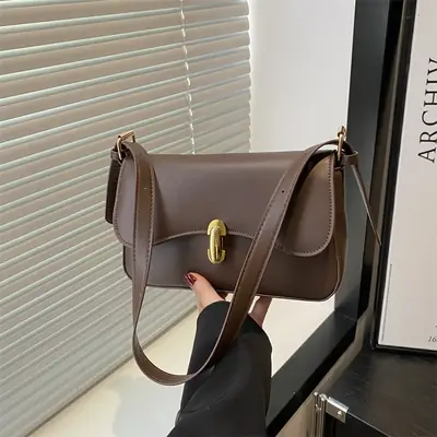 2025 Brown Leather Shoulder Bag with Gold Clasp