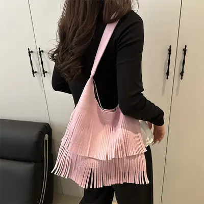 2025 Pink Pleated Tasseling Shoulder Bag for Women