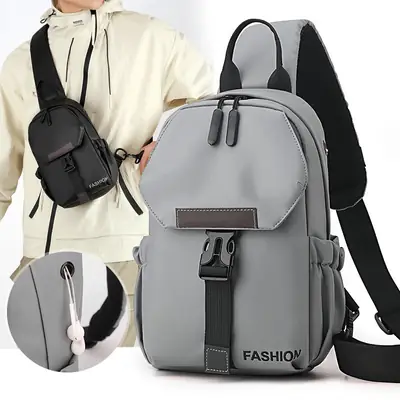 Men's Grey Fashion Crossbody Bag with Leather Strap