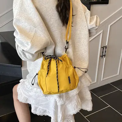 Yellow Drawstring Pleated Women's Bucket Bag