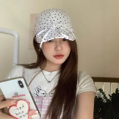 Women Polka Dot Bow Cap with Sunshade