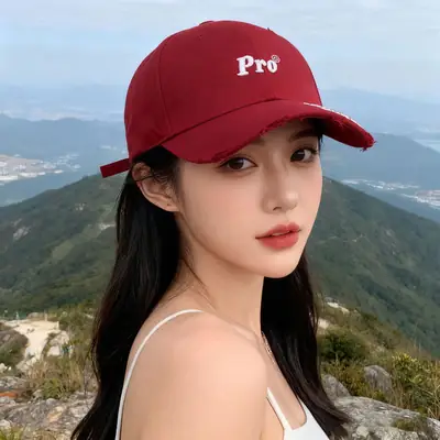 Women Red Embroidered Baseball Cap with Large Brim