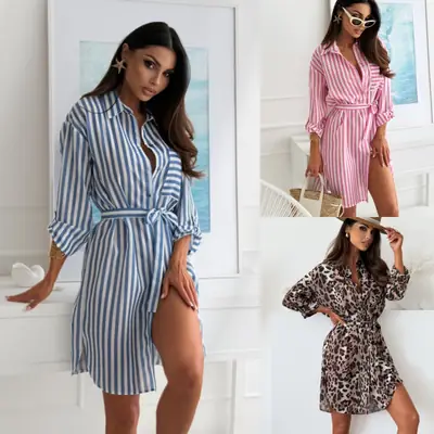 2025 Printed Belted Dress Women's Cotton Striped