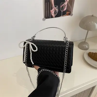 Black Bowknot Single Shoulder Bag with Pearl Chain